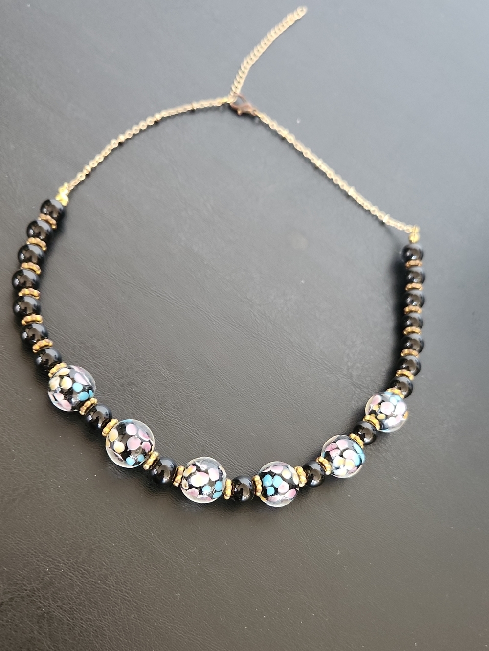 Black Beaded Necklace with Multicolor Floral Accent Beads